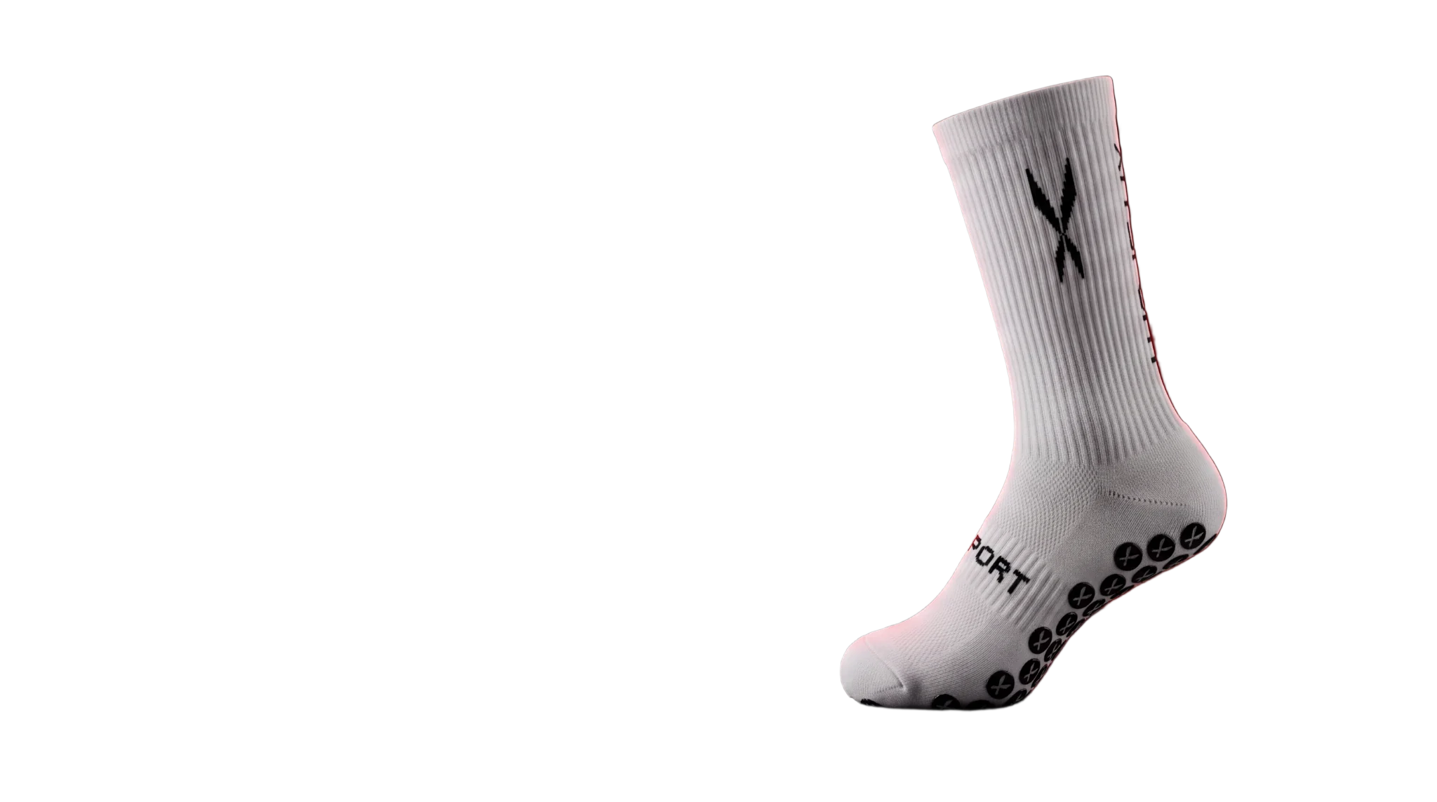 XR Sport grip sock, white, standing on a dark ground